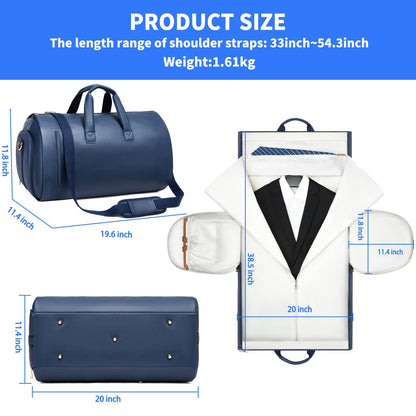 Leather Garment Bag，Convertible Garment Duffel Bag for Travel Mens Suit Bag 2 in 1 Waterproof Foldable Carry on Garment bag with Shoulder Strap Weekender Bag with Shoe Pouch
