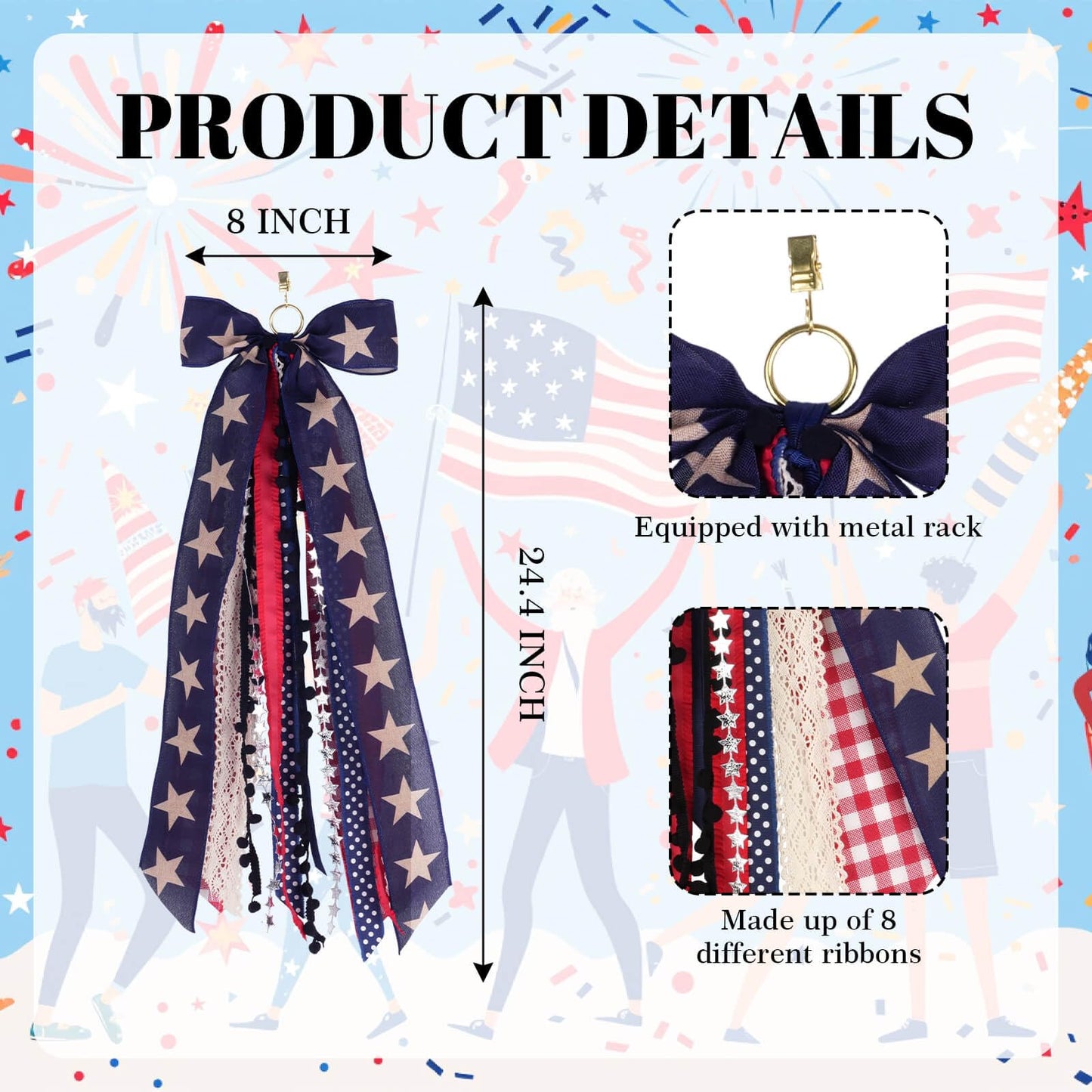 Kutyndrix Large Patriotic Front Door Wreath Sash, 8-Ribbon Americana Star Bow with Metal Clip, Wired Edge Red White Blue Decor for Independence Memorial Day