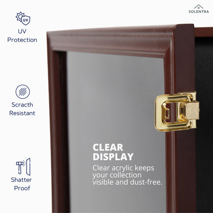 Solentra Pin Display Case – 19" X 14" Wooden Shadow Box Frame with Lockable Acrylic Door and Black Felt Backing for Enamel Pins, Badges & Medals