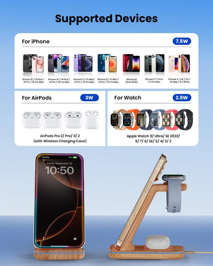 Wireless Charging Station for Apple - 3 in 1 Wireless Charger Stand Dock Watch and Phone Charger Station for Apple Watch 11/8/7/SE/6/5/4/3/2, iPhone 17 16-12 Pro Max SE XS X, Samsung, AirPods Pro/3/2