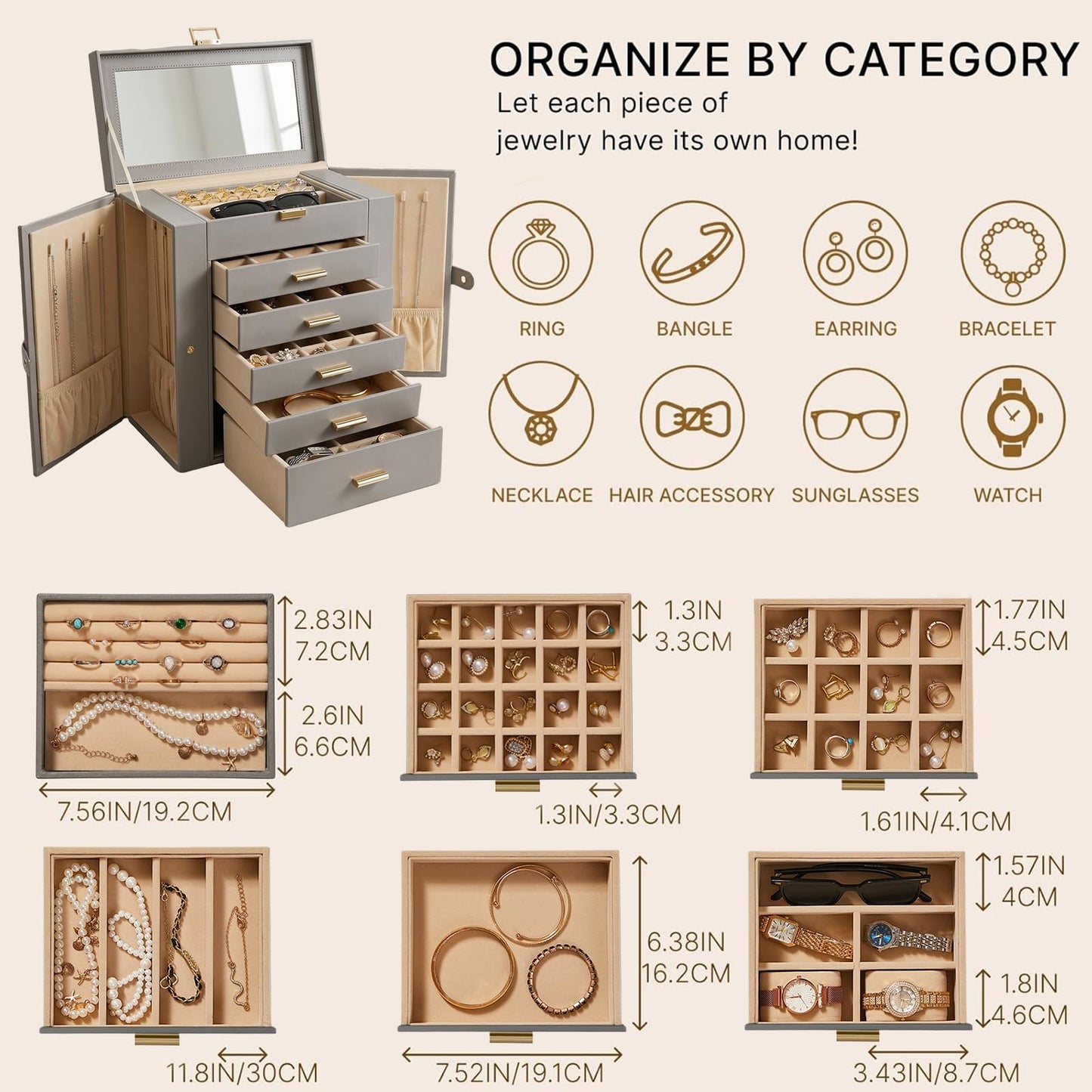 Homruilink Large Leather Jewelry Box Organizer 6 layer Jewelry Storage Case for Women Girls Ring Necklace Earring Bracelet Holder with Mirror, Ideal Gift (Grey)
