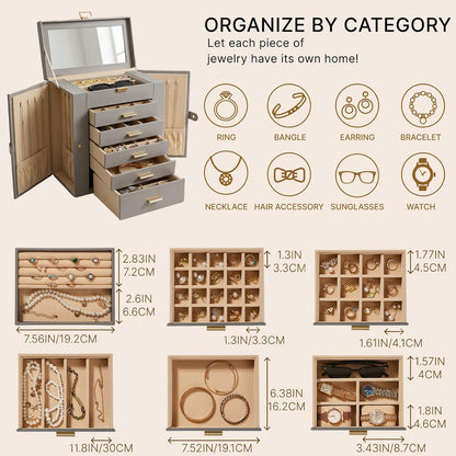 Homruilink Large Leather Jewelry Box Organizer 6 layer Jewelry Storage Case for Women Girls Ring Necklace Earring Bracelet Holder with Mirror, Ideal Gift (Grey)