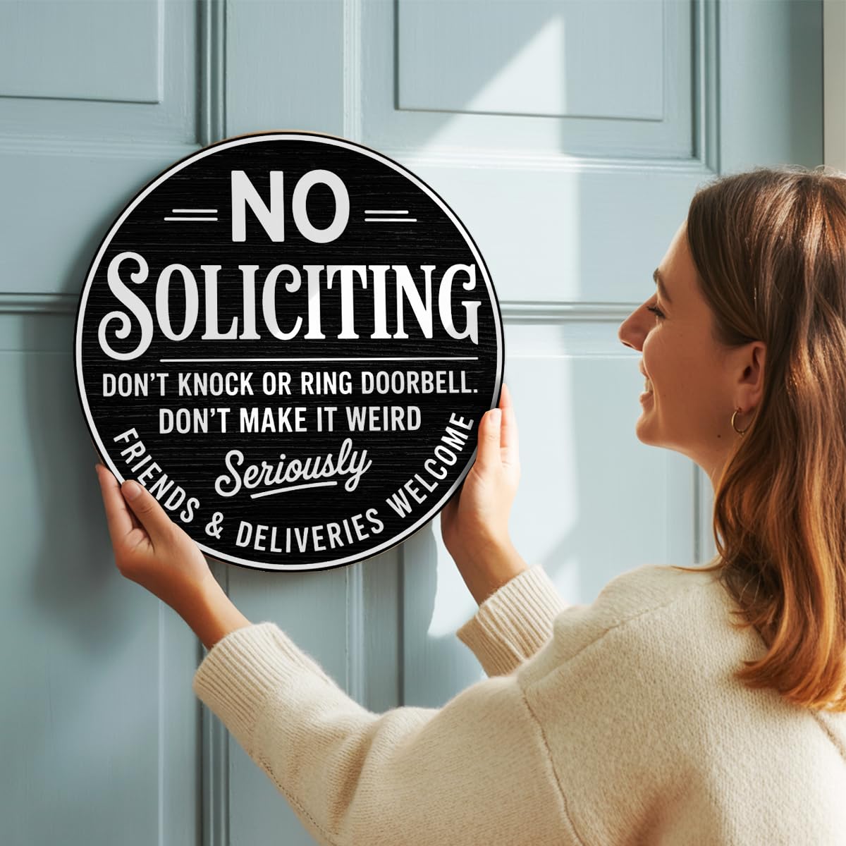 No Soliciting Wood Hanging Sign for House Front Door, Don't Knock or Ring Doorbell House Welcome Sign