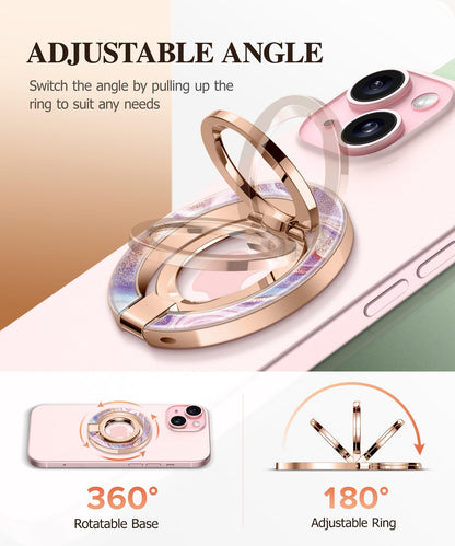 GVIEWIN Magnetic Phone Ring Holder, Compatible with MagSafe Phone Grip with Adjustable Stand, Magnet Phone Ring Kickstand for iPhone 17/16/15/14/13/12 Pro Max Plus Air/Other Phones (Glitter/Silver)