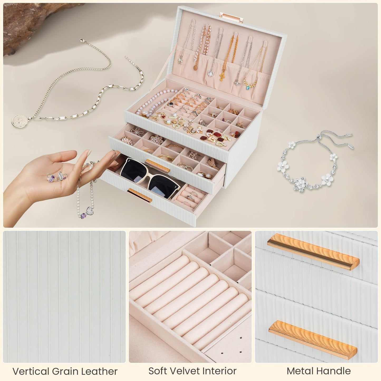 Dajasan Jewelry Box Organizer, 3-Tier Large Jewelry Storage Organizer with 2 Drawers, Space-Saving Jewelry Boxes for Women, PU Leather Surface with Texture, Gift Idea, Modern Style (White)