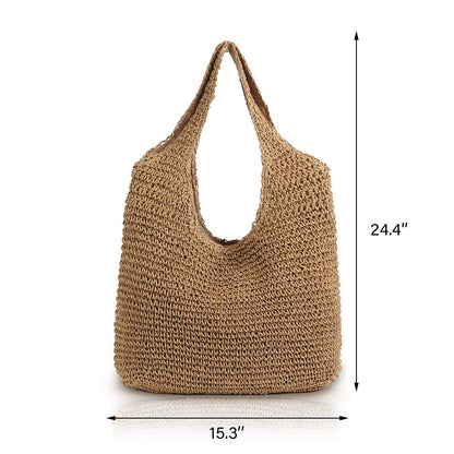 QTKJ Hand-woven Soft Large Straw Shoulder Bag Boho Straw Handle Tote Retro Summer Beach Bag Rattan Handbag