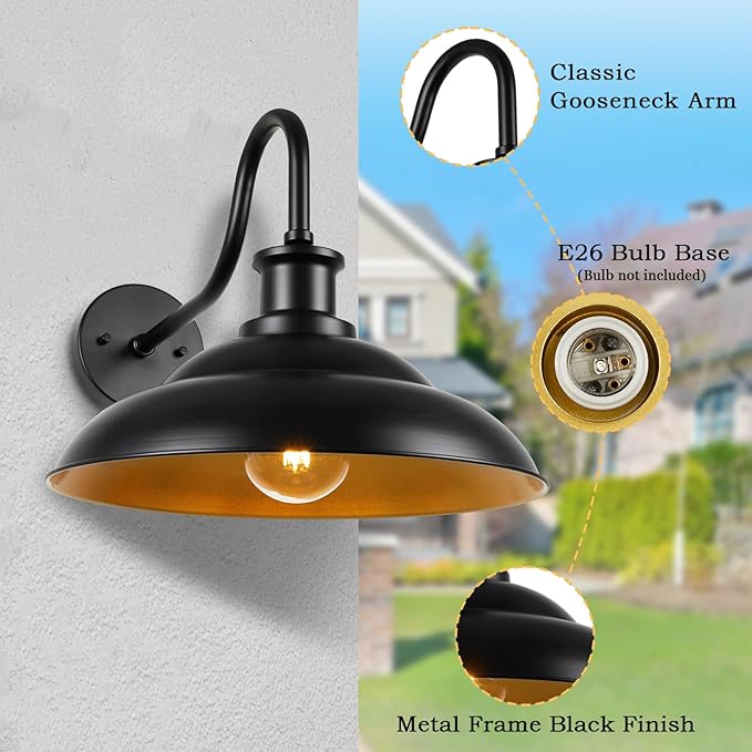 Outdoor Gooseneck Barn Light Fixture, 16 Inch Dome Large Wall Sconce Farmhouse Exterior Wall Mount Light for House Garage Patio Doorway