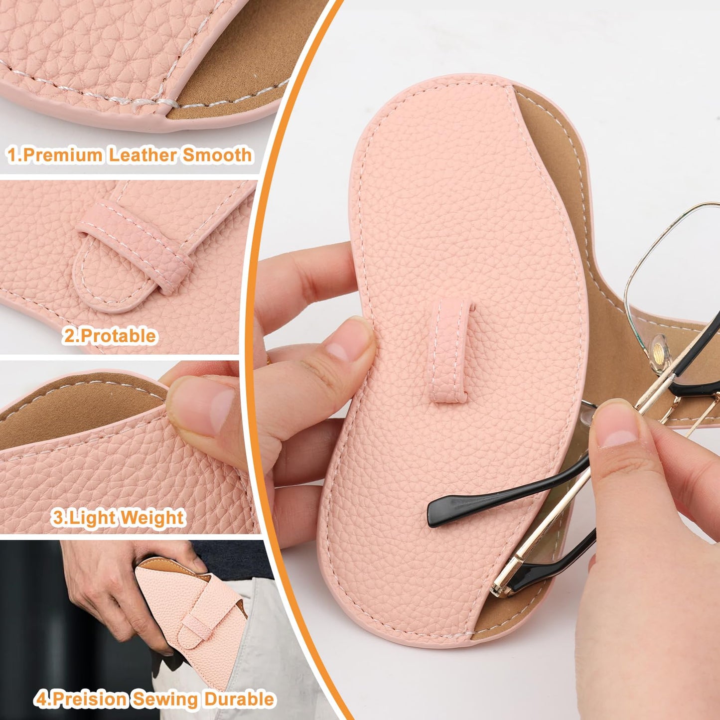 Goinfos Leather Glasses Case, Portable Lightweight Soft Eyeglass Case, Travel Sunglasses Protective Case for Women Men (Pink)