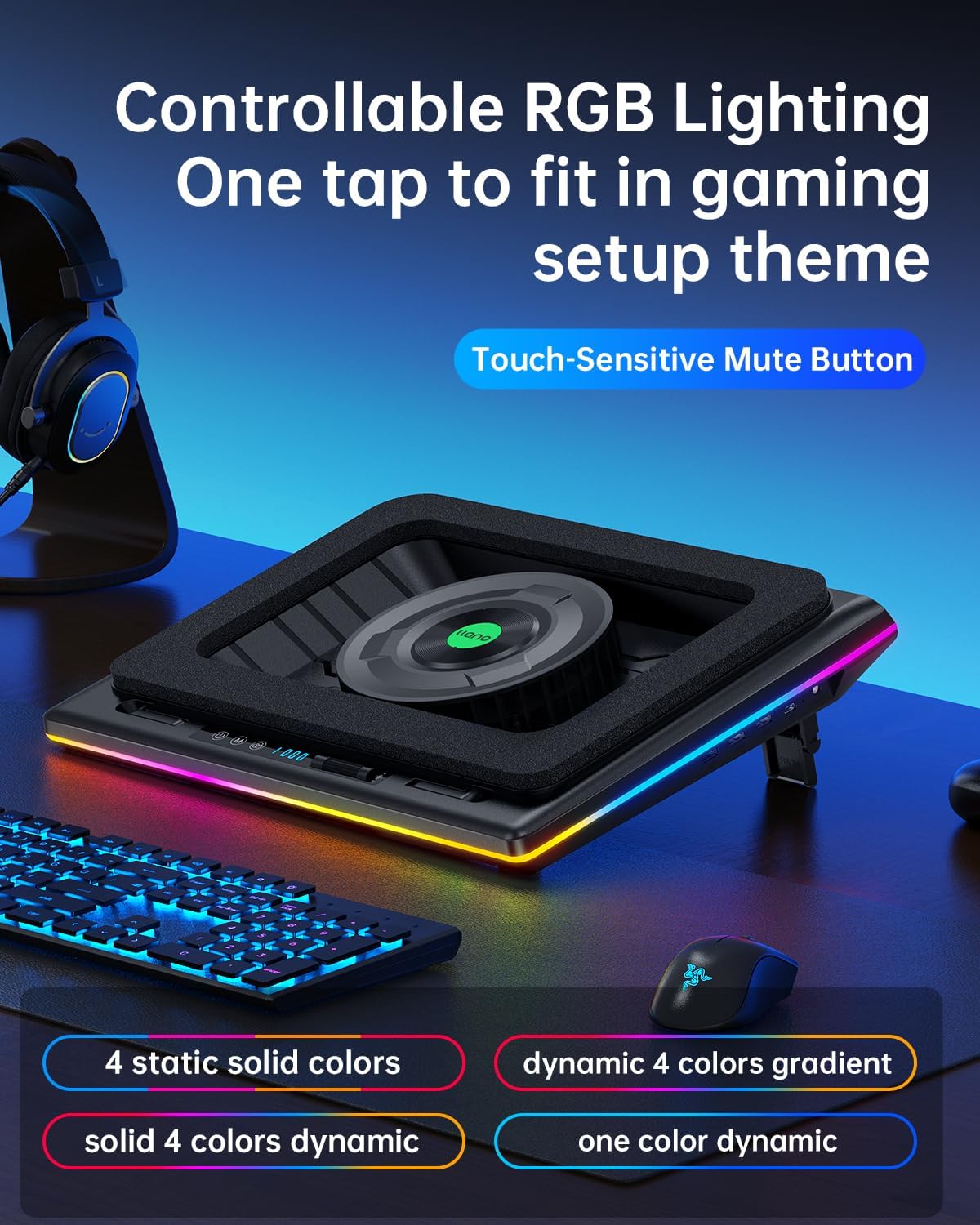 llano V12 RGB Laptop Cooling Pad, Gaming Laptop Cooler with 5.5 Inch Powerful Turbofan, Fast Cooling Laptop 15.6-21in, Adjustable Speed, Touch Control, LCD Screen, Black