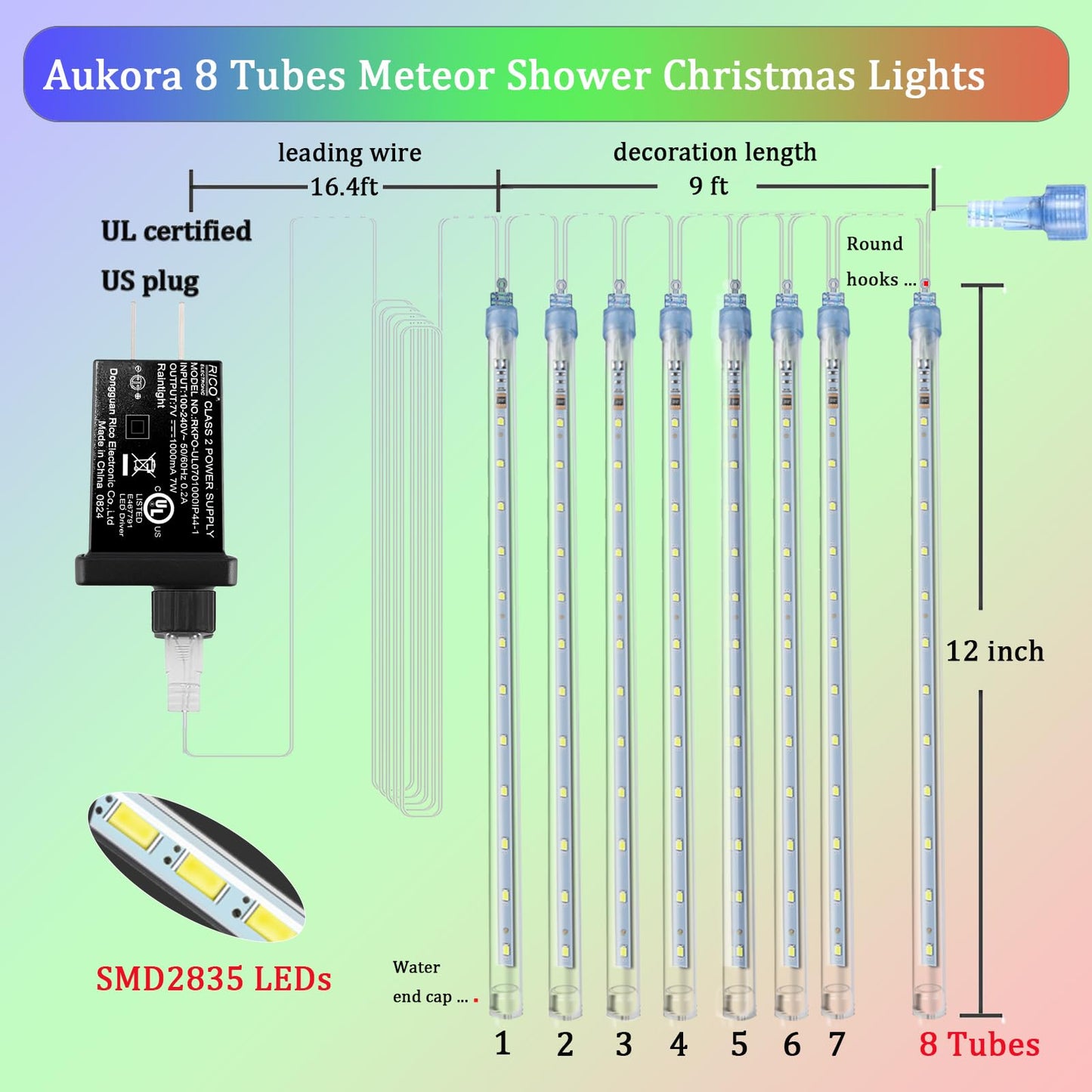 Aukora Christmas Lights Outdoor Meteor Shower Falling Rain Lights 12 inch 8 Tubes 192LED Snowfall Cascading Icicle String Light for Xmas Tree Decor Wedding Party Holiday Window Garden, UL Plug, White