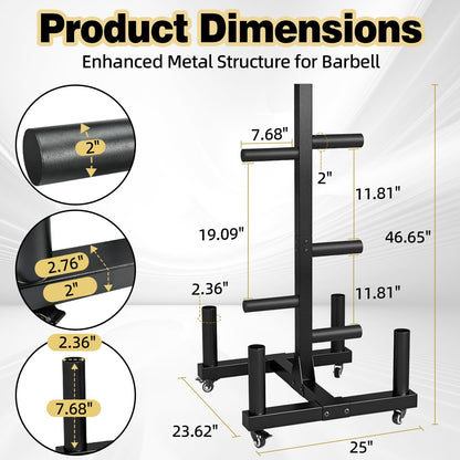 laapee Weight Plate Rack for 2-inch Olympic Bumper Plate and Barbell, Weight Tree with 800 LBS Capacity, Heavy Duty Storage Racks with 4 Barbell Holder & Lockable Wheels for Home Gym Garaage Gym