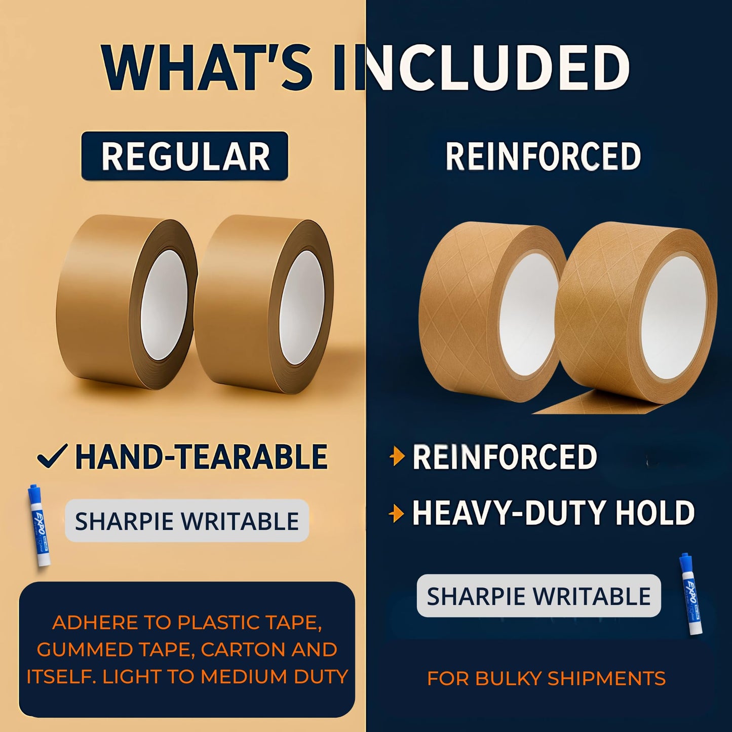 Elasticpack Packing Tape for Boxes 4-Pack – Kraft Brown Paper Box Tape, 2 Regular + 2 Reinforced Rolls for Everyday & Heavy-Duty Box Shipping, Self-Adhesive, No Water Needed, 1.88 in x 55 yd