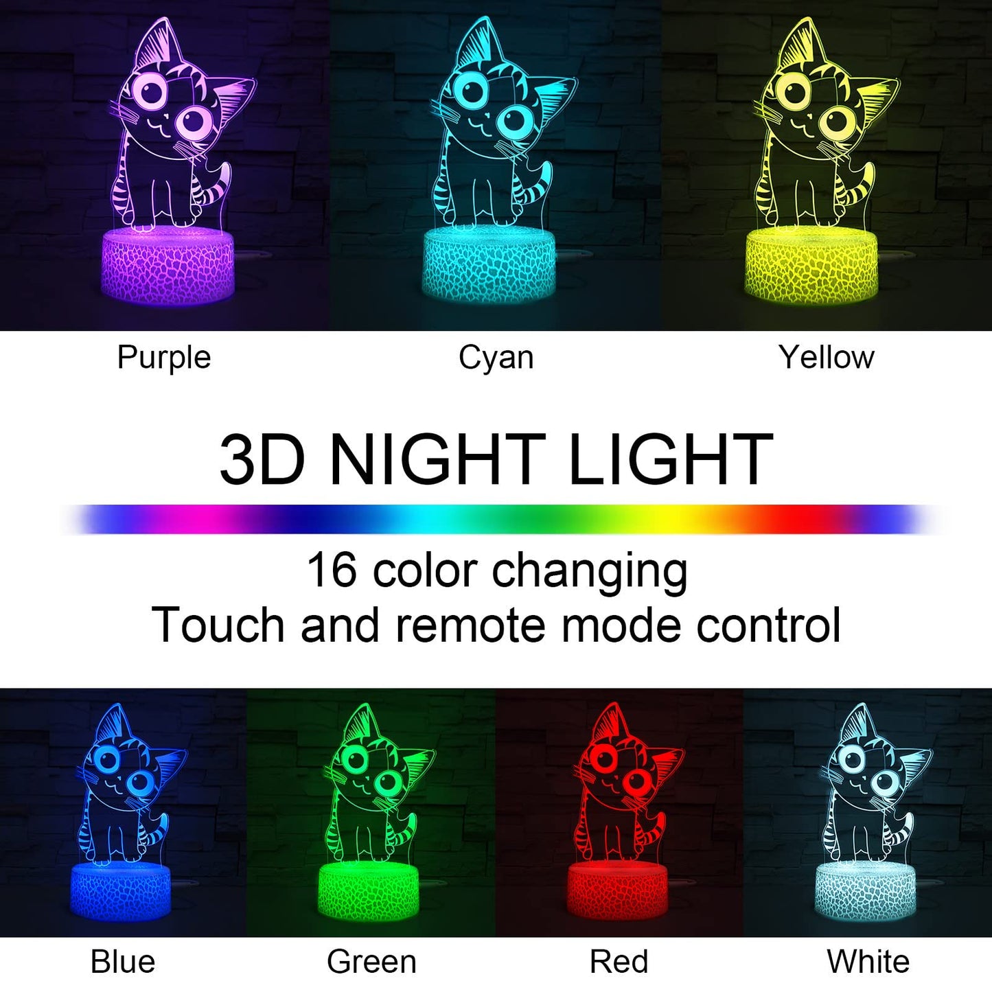 i-CHONY Cat Night Light, 3D Optical Illusion Lamp, 16 Colors