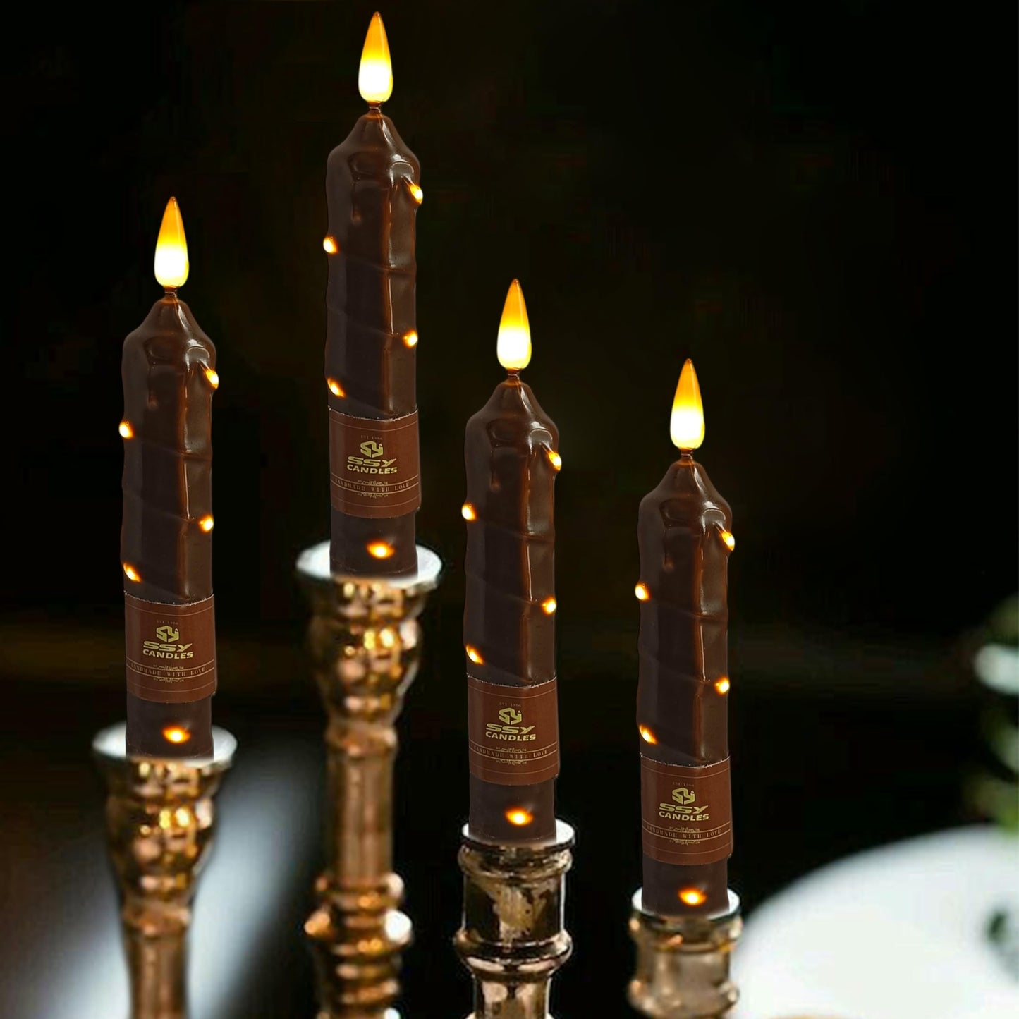6.5 Inch Brown Flameless Taper Candles - 4 Pack Handmade Real Wax LED String Surface Candles with 10 Key Remote Timer Battery Operated LED Taper Candle for Thanksgiving Christmas Holiday Decor