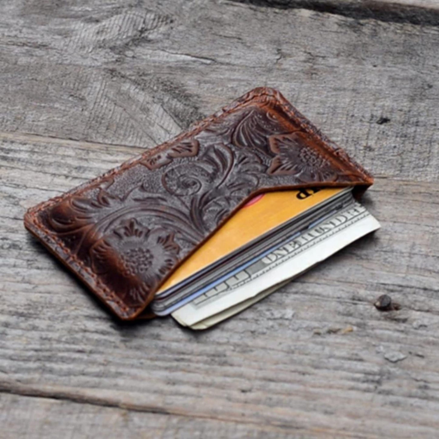 JJNUSA Handmade Leather Business Card Case Holder for Men & Women Minimalist Leather Wallet Card Holder Distressed Gifts Flower brown