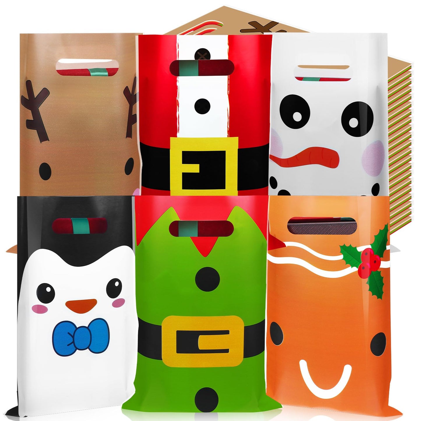 Sinmoe 200 Pcs Plastic Christmas Bags Bulk Christmas Merchandise Gift Bag with Handle 9" x 12" Reusable Xmas Goodie Treat Pouch for Candy Retail Shopping Business Party(Mix Color,Cartoon)