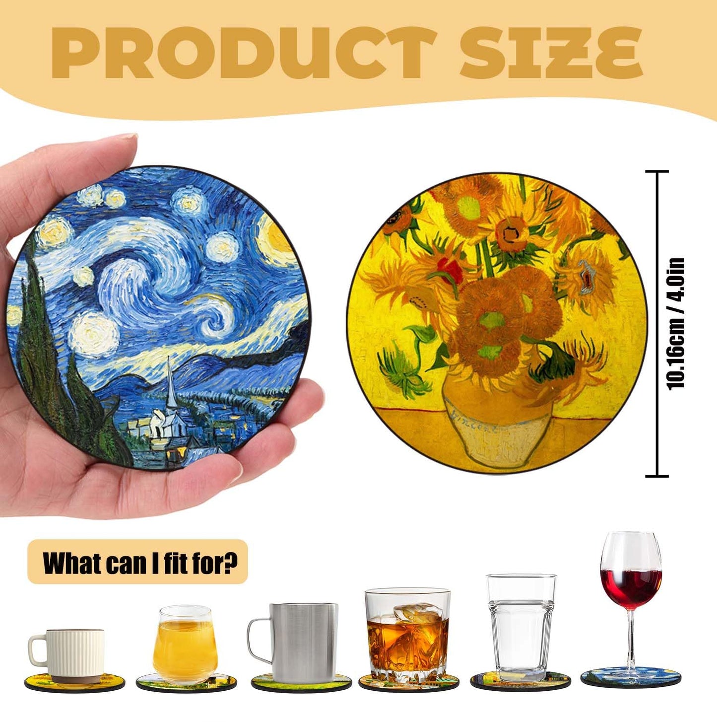 ABCHCHS Coasters Set of 6 - Van Gogh Style PU Leather Coasters for Drinks with Holder - Handmade Round Drink Coasters Set for Home Decor and Housewarming Gift