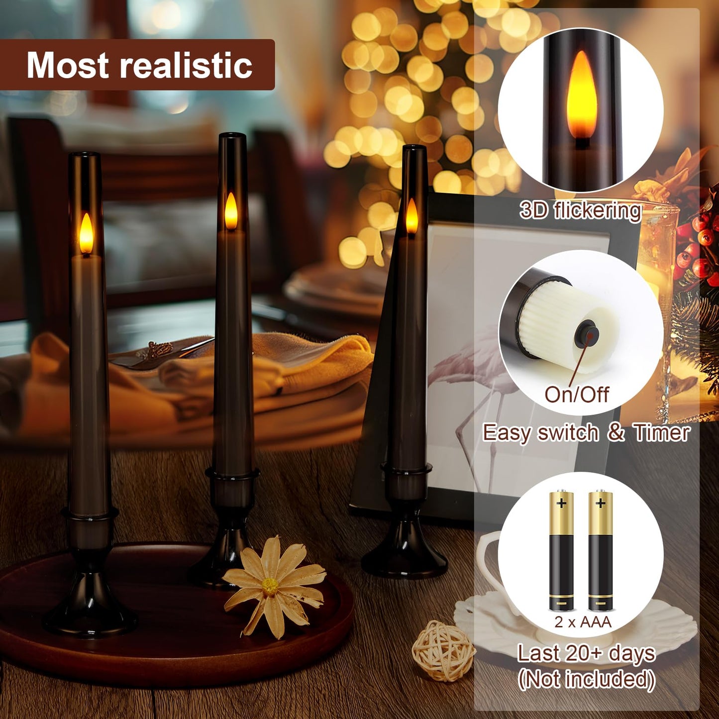 IMAGE Upgraded Flameless Taper Candles, 6-Pack Remote Control Timer Flickering LED Candles, Perfect for Christmas, Home, Wedding, and Party Decor (Grey)