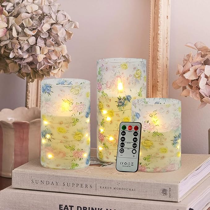 Flickering Flameless Candles Vintage Blue Floral Print, Embedded Star String Lights, Battery Operated Acrylic LED Pillar Candles with 11-Key Remote and Timer for Home Decoration, 3 Pack