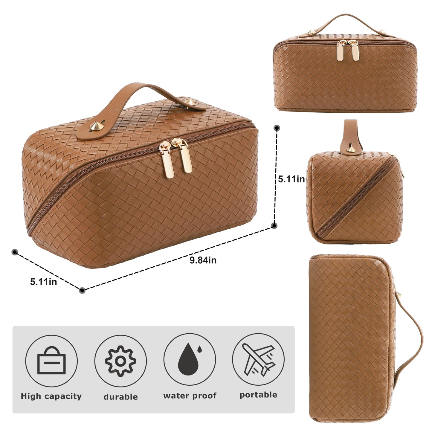Large Capacity Travel Cosmetic Bag - PU Leather Makeup Organizer Bag Portable Woven Makeup Bags for Women Waterproof Travel Toiletry Bag with Divider Pouch, Brown
