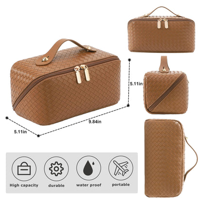 Large Capacity Travel Cosmetic Bag - PU Leather Makeup Organizer Bag Portable Woven Makeup Bags for Women Waterproof Travel Toiletry Bag with Divider Pouch, Brown