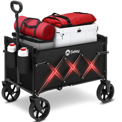 Sekey Heavy Duty Wagon with Big Wheels, Foldable Cart with 220LBS Capacity, Utility Lightweight Wagon, Collapsible Grocery Shopping Cart for Camping Sports & Holiday. Black