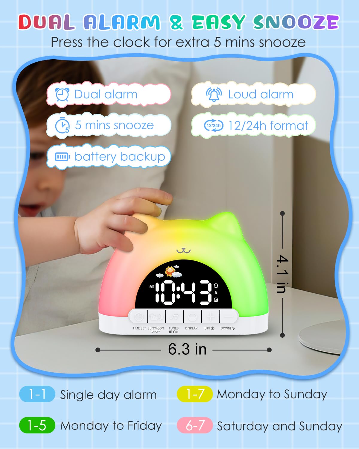 Homiyteck Kids Alarm Clock, OK to Wake Alarm Clock for Kids, Cat Clock with 11 Colors Night Light, 10 Soothing Sounds, Child Lock, Dual Alarms, Sleep Training, Birthday Gift for Boy Girls Children