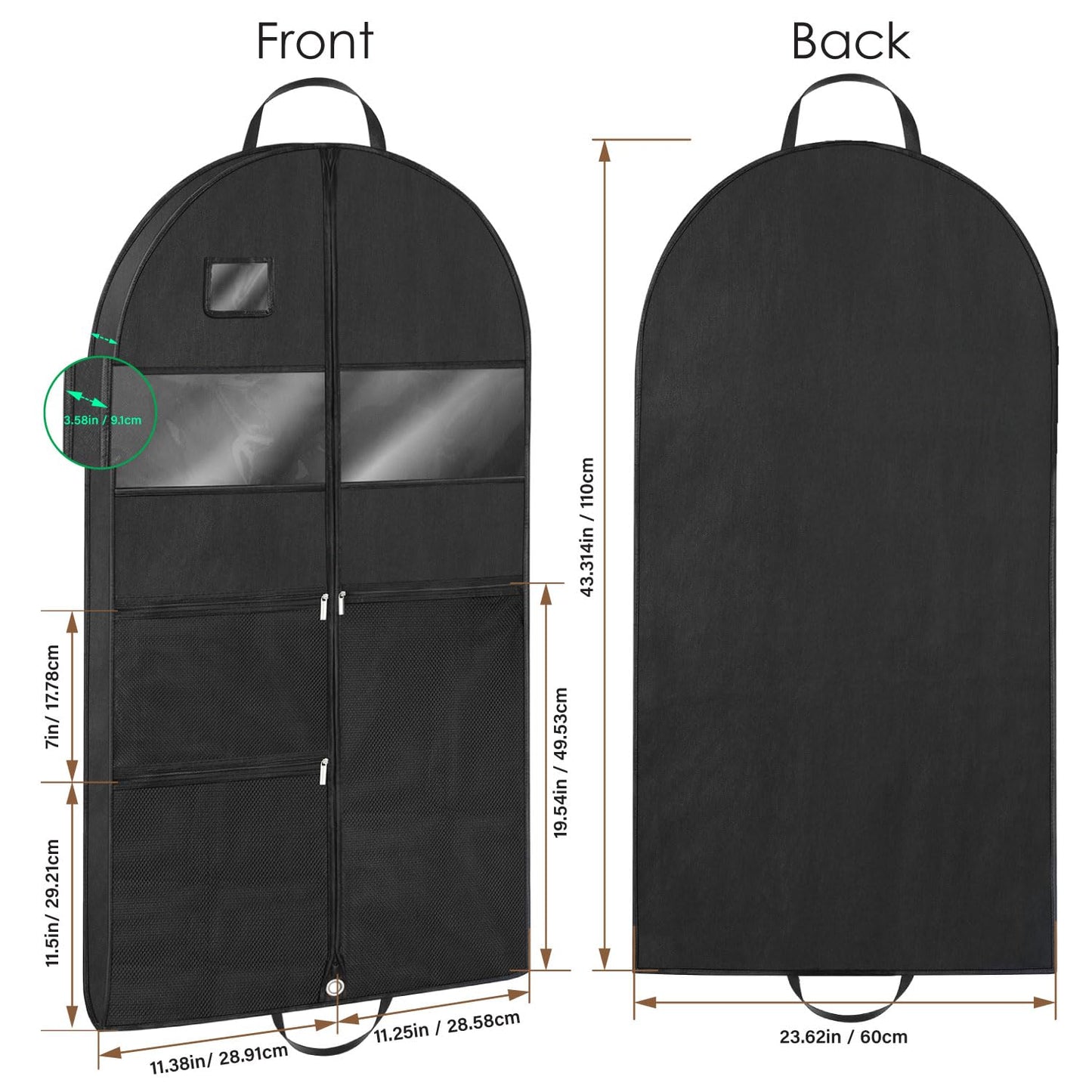 Mber 43" Gusseted Heavy Duty Garment Bags for Travel with Accessories Zipper Pocket Shoe Storage, Hanging Clothes Travel Bag for Dresses, Suit, Coats, Tuxedo, Gowns Travel Essential, Black, 1 pack