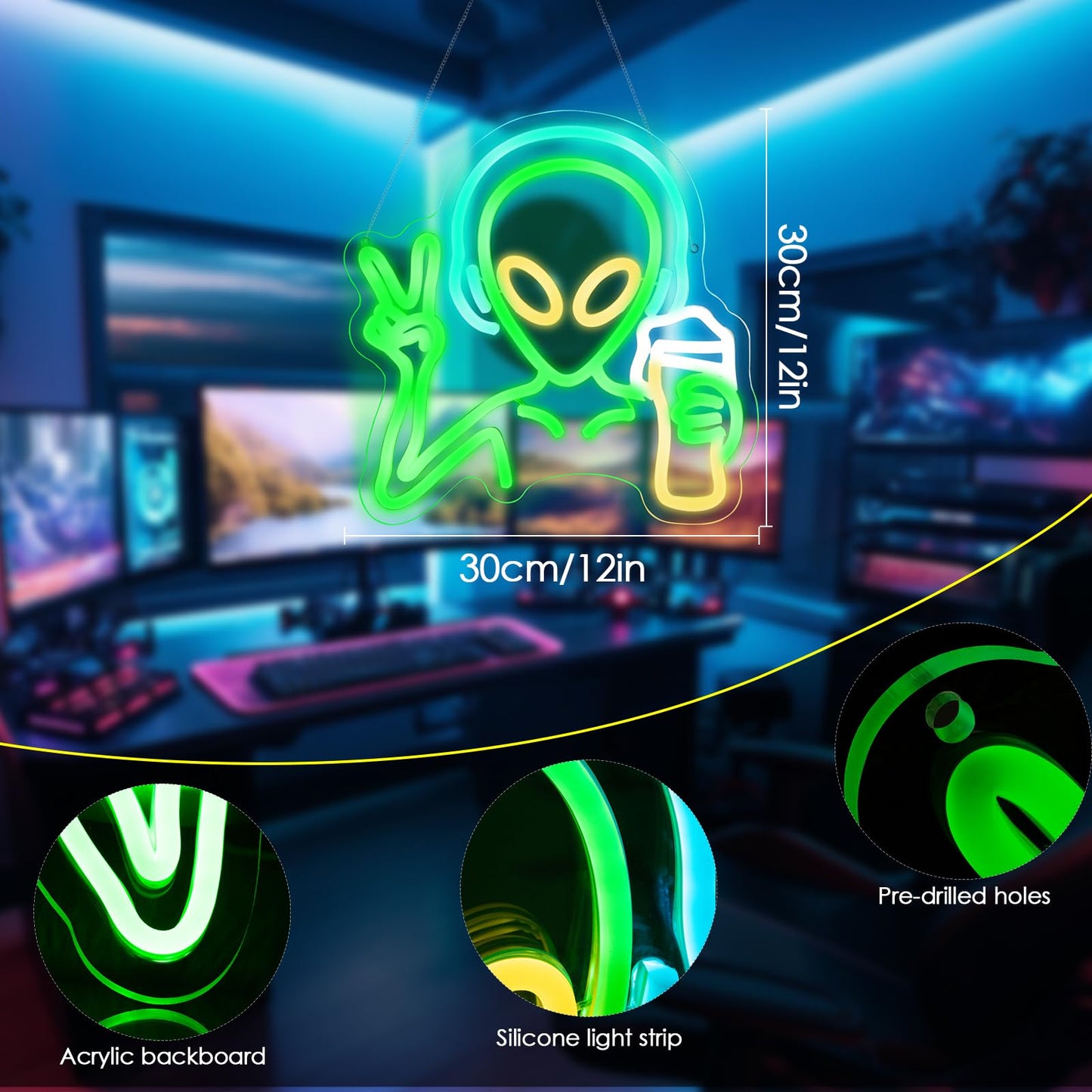KHK Green Alien Neon Sign - USB Battery Powered LED Wall Sign for Game Room, Home Bar, Party, Bedroom & Man Cave Decor for Teens and Kids Lights Led Gaming for Boy & Girl Room Decor -Best Gamer Gifts for Boys Kids (11.8*11.8in)