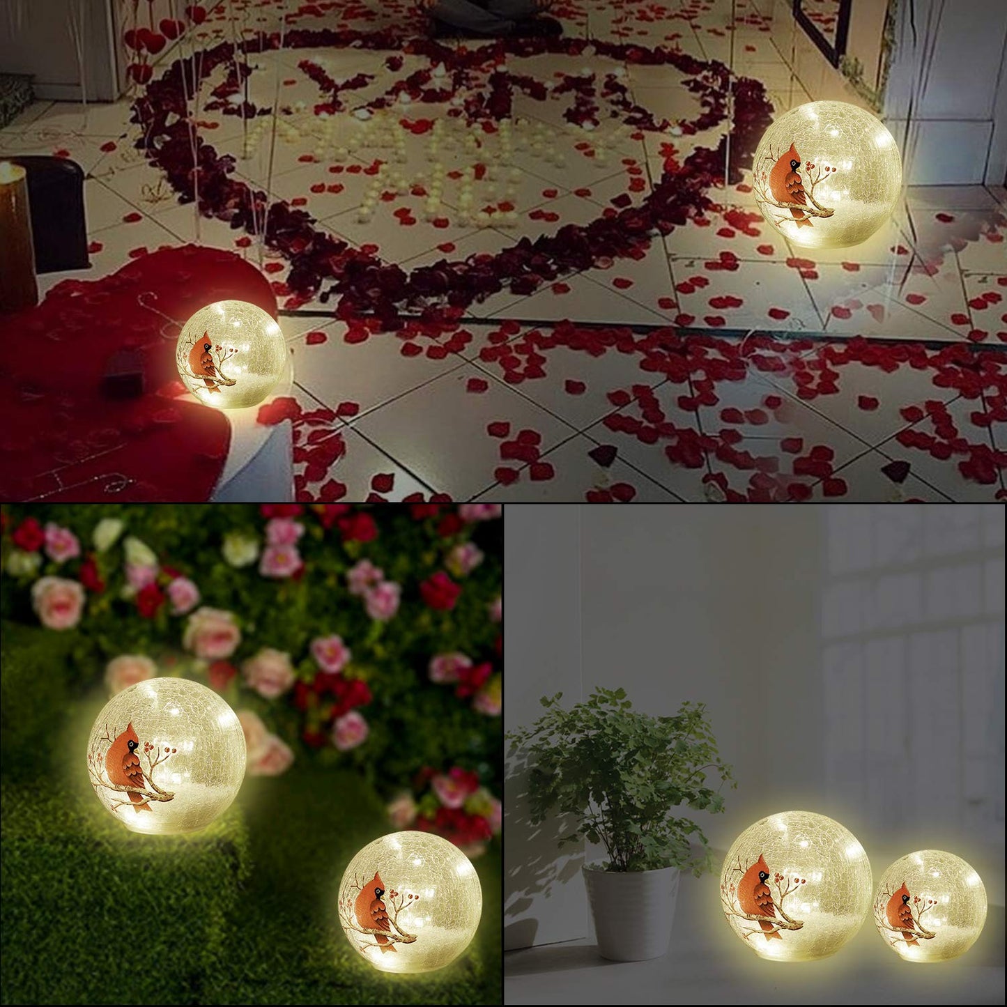 Crackle Glass Cardinal Lamp Battery Operated Globe Lamp for Women Stylish Cardinal Decor Ornaments Red Bird Pattern Stained Glass Mother's Day Gifts 2 Pack (6in & 5 in) (No Timer)