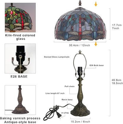 Tiffany Table Lamp Stained Glass Bedside Table Lamp Desk Reading Light 12 Inches Bedroom Living Room Home Office Decor Lamp（Red Dragonfly）