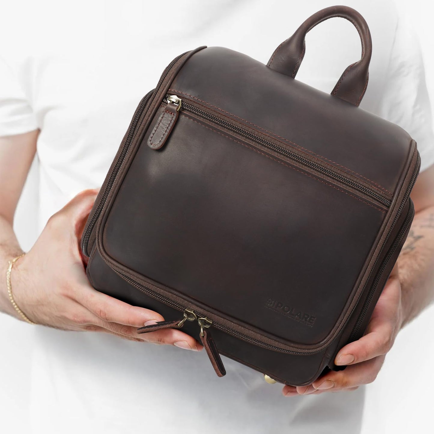 Polare Full Grain Leather Toiletry Bag Travel Hanging Organizer Case Shaving Kit Wash Bag Makeup Cosmetic Dopp Kit with YKK Zippers