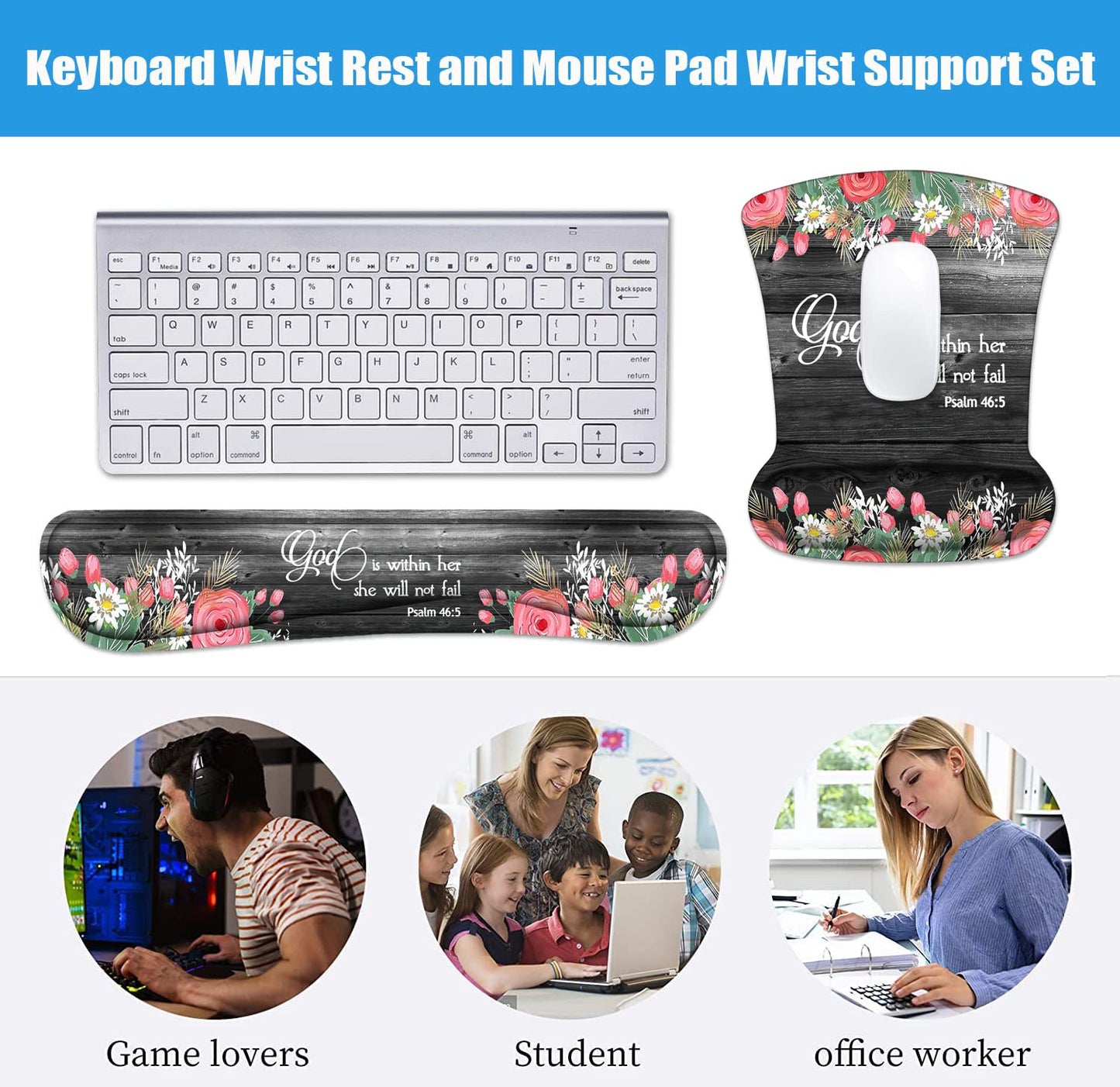 Keyboard Wrist Rest and Mouse Wrist Rest Pad Set with Coasters, Ergonomic Support, Non-Slip PU Base, Easy Typing & Pain Relief for Home Office Working Studying, Floral Quote Bible Verses Psalm 46:5