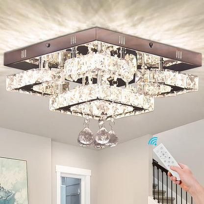 CXGLEAMING 11.8" Modern Crystal Chandelier LED Ceiling Light Fixture Suitable for Kitchen Corridor Hallway Bedroom Bathroom Dining Room 4 Petals/Raindrop Ball Square Remote Control/APP (dimmable)