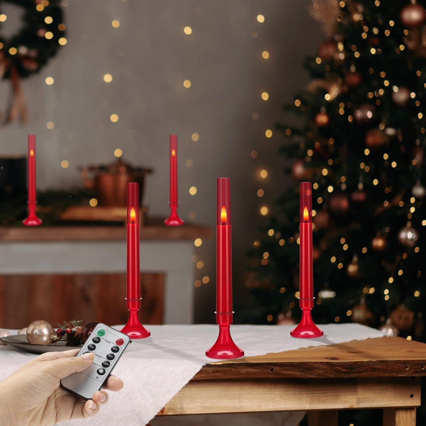 SEHNSY Red Flameless Taper Candles with Remote and Timer,Valentine Flameless Candles with Holders, 6 Pack LED Battery Operated Candlesticks 9.25"x0.75" for Valentine’s Day, Christmas