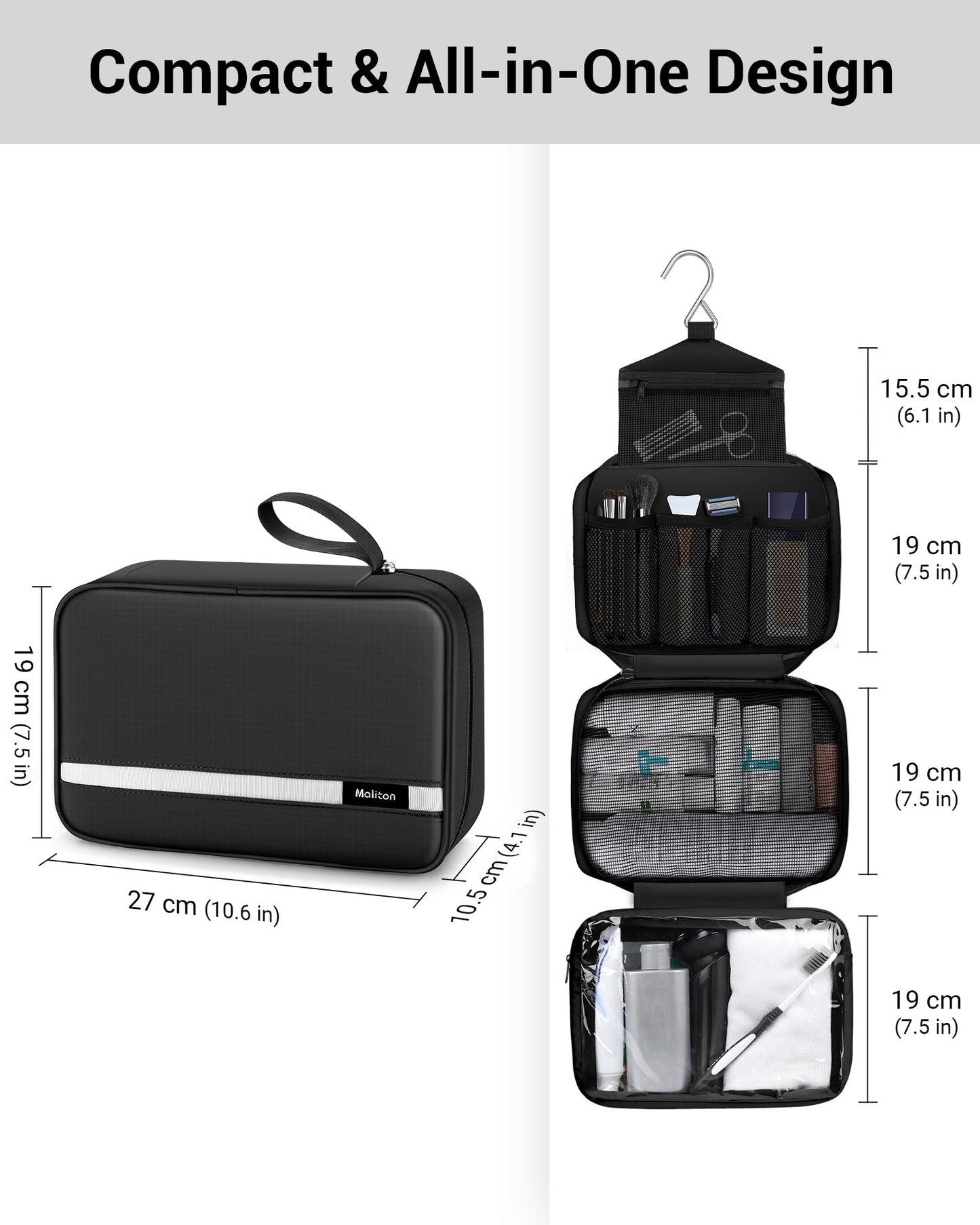 Maliton Toiletry Bag for Men & Women Travel Toiletry Bag Hanging Toiletry Bag Hygiene Bag with 4 Compartments Waterproof Bathroom Shower Bag for Traveling(Black)
