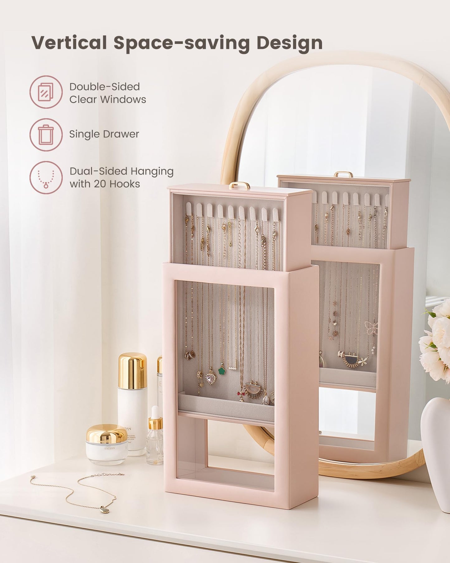 Lolalet Upgraded Double-Sided Hanging Necklace Organizer Box, Jewelry Display Case with Double-Sided Clear Window for Necklaces Bracelets, Tangle-Free Necklace Storage Box, Pink, 1-Layer 20 Hooks