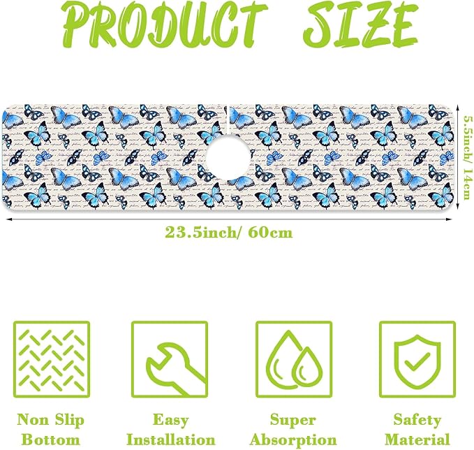 Sink Splash Guard Faucet Mat Watercolor Butterflies Absorbent Fast Drying Mat