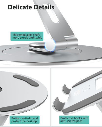 LOXP Laptop Stand with Phone Holder, Adjustable Laptop Stand with 360 Rotating Base, Aluminum Computer Mount Holder, Ergonomics Laptop Riser for Desk, Fits MacBook, up to 17.3" All Notebooks Silver