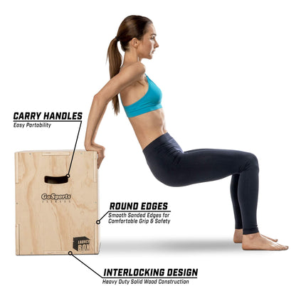 GoSports Fitness Launch Box 3-in-1 Adjustable Height Wood Plyo Jump Box for Exercises of All Skill Levels