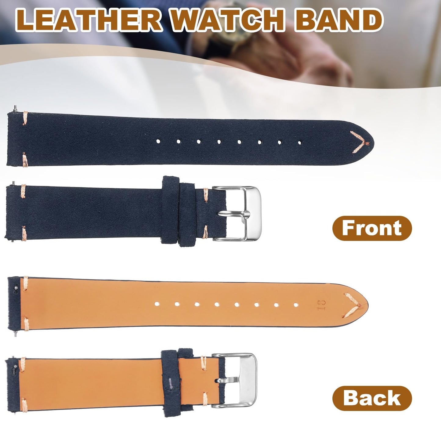 HARFINGTON Leather Watch Band 18mm Width Watch Strap Top-Grain Suede Cowhide Wrist Bands Replacement with Stainless Steel Buckle for Men Women, Dark Blue