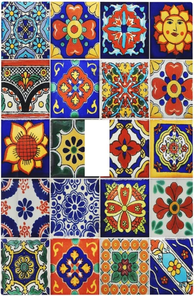 Traditional Colorful Talavera Mexican Spanish Moroccan Tiles Single Toggle Light Switch Plates Cover Decorative 1 Gang Wall Plate Electrica Faceplate for Bathroom Bedroom Decorate Accessories