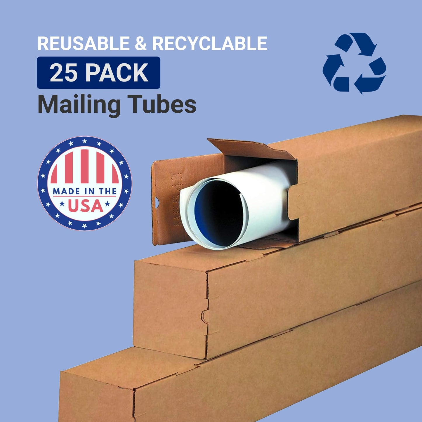 BOX USA Cardboard Box 18"L x 3"W x 3"H, Pack of 25 | Poster Tube for Mailing and Storage of Blueprints, Artwork, Crafts, Long Art Holder, 18 inches