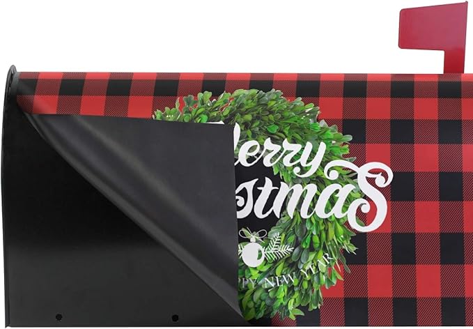 Christmas Boxwood Wreath Magnetic Mailbox Cover MailWraps Berry Buffalo Plaid Xmas Wraps New Year Winter Post Box Standard Size 20.8(L) x 18(W) for Outside Garden Home Decor