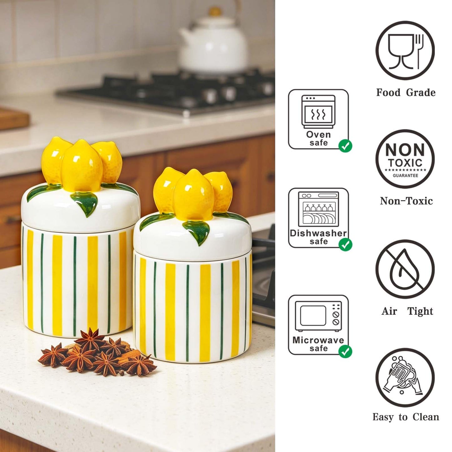 Iryanthos Cookie Jar with Airtight Lid, 16.2 fl oz Personalized Ceramic Food Storage Containers with Lemon-shaped Lid for Kitchen Countertop Decor, For Sugar Tea Coffee Spices Nut Honey - 2 pieces Set