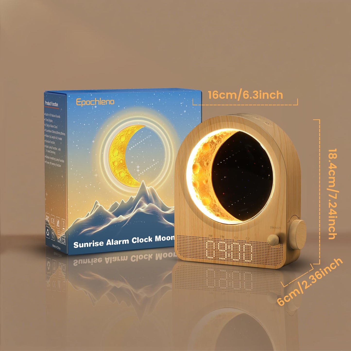 Epochleno Sunrise Alarm Clock, White Noise Machine & Meteor Moonlight - 10 Soothing Sounds, Dual Alarms, 30/60/90min Timer, Easy Snooze - Bedroom Gift for Insomnia Adults/Women - Wood Grain