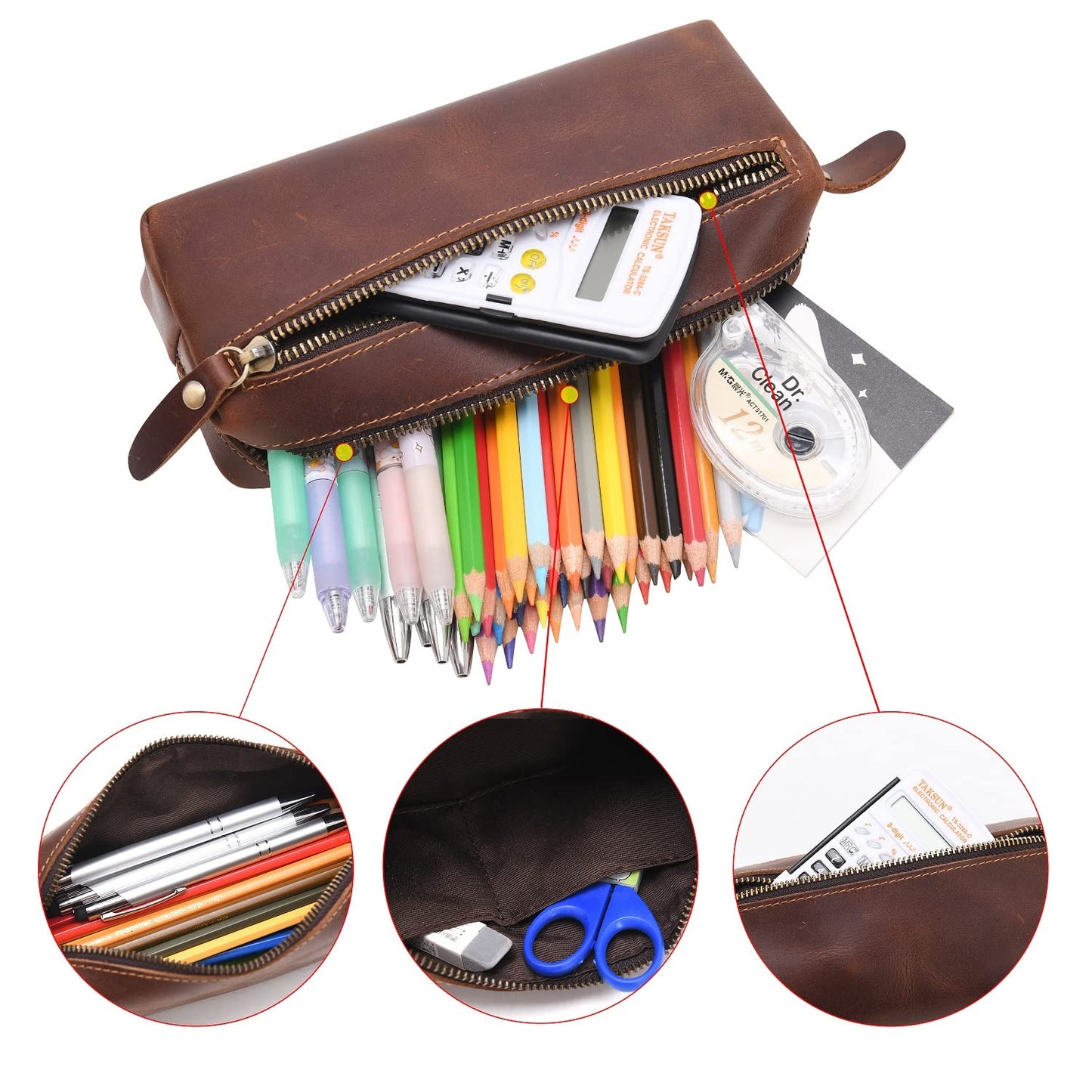 WONDERPOOL Pen Case Real Leather Pencil Pouch Markers Holder Big Capacity Bag with Side Zippered Pocket Sleeve for Stationery Makeup Utensils Organizer (Coffee)