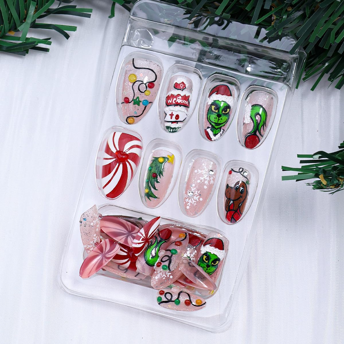 30Pcs Christmas Press on Nails Medium Almond Fake Nails 3D Rhinestones Xmas Tree Lamp Strip Design Handmade False Nails Cute Monster Acrylic Nail Snowflake Gems Glue on Nails for Women Winter Manicure