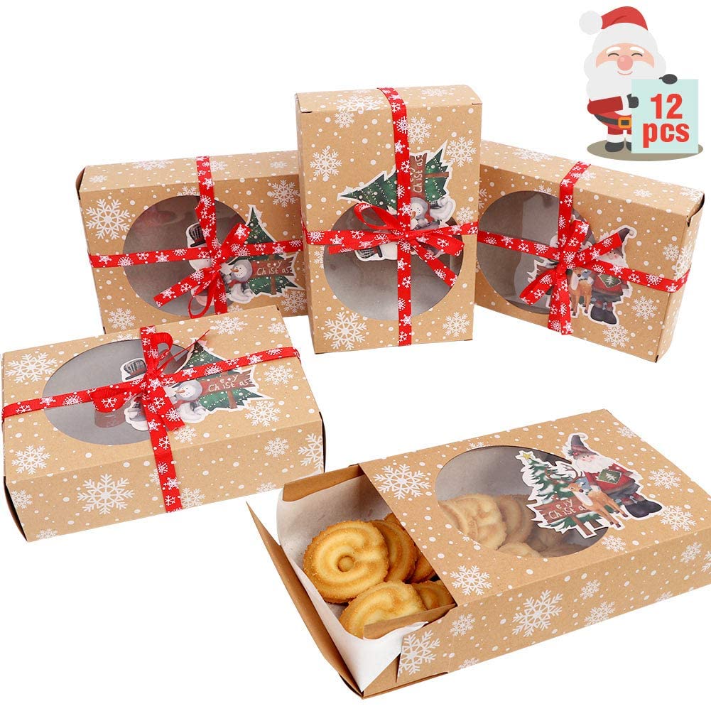 OurWarm 12 Pack Christmas Cookie Boxes for Gift Giving, Large Christmas Cookie Tins Holiday Bakery Treat Boxes with Window, Kraft Paper Food Packaging Containers for Xmas Party Supplies