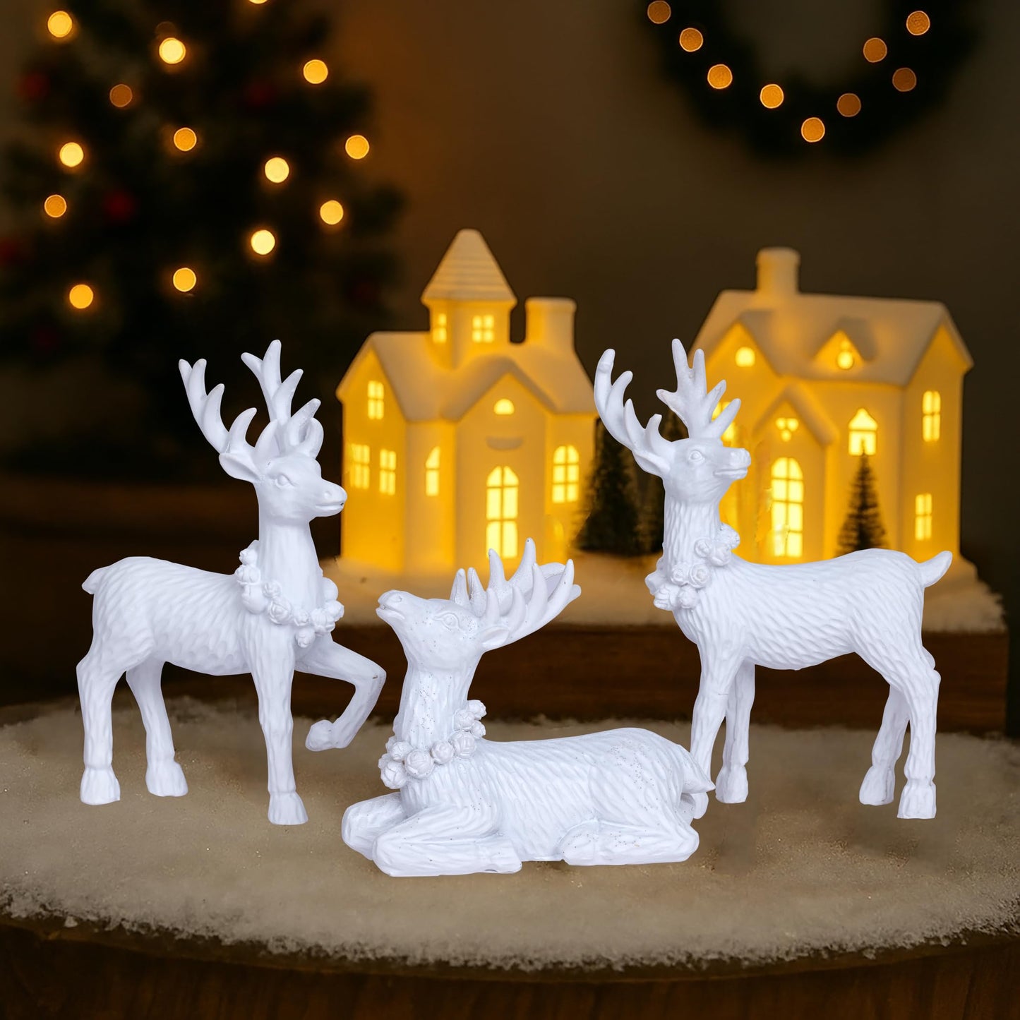 White Christmas Reindeer Decor Set of 3 Resin Standing Deer Figurines Elk Sculpture Christmas Figurine Centerpieces for Home Tabletop Shelf Elegant Xmas Deer Statue Artificial Animal Table Decorations